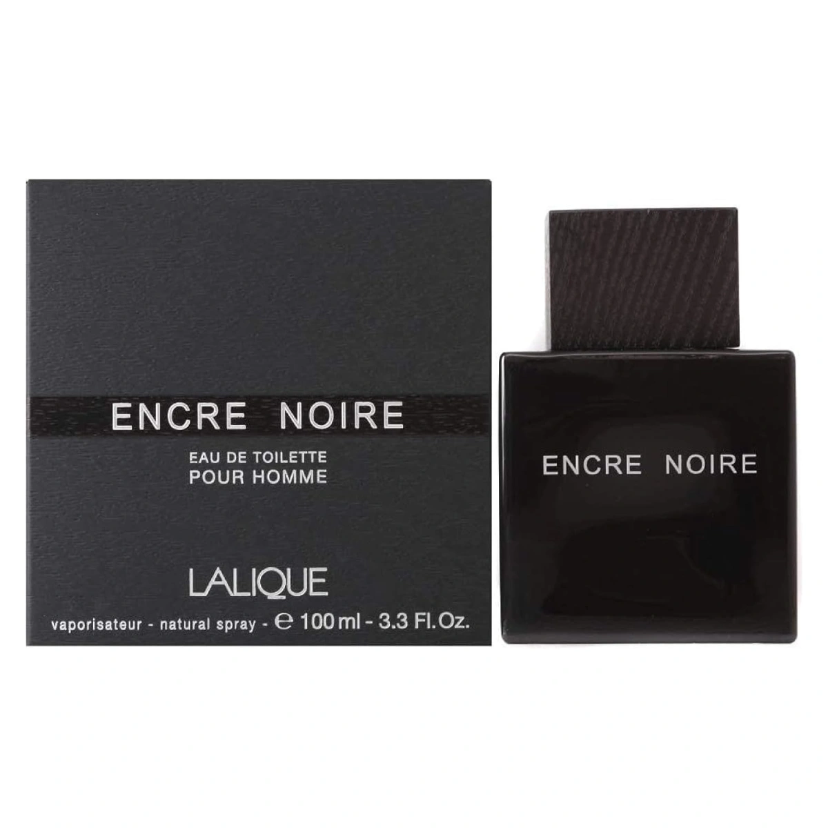 Bottle of Lalique Encre Noire fragrance against a pristine white background