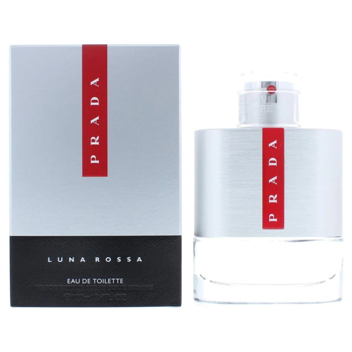 A sleek bottle of Prada Luna Rossa cologne is showcased against a pristine white background, emphasizing its elegant design.