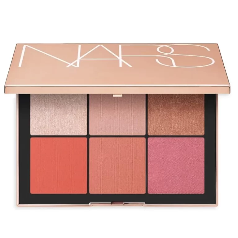 A NARS Afterglow Cheek Palette displayed against a white background. The palette features a variety of blush and highlighter shades in a sleek, branded compact.