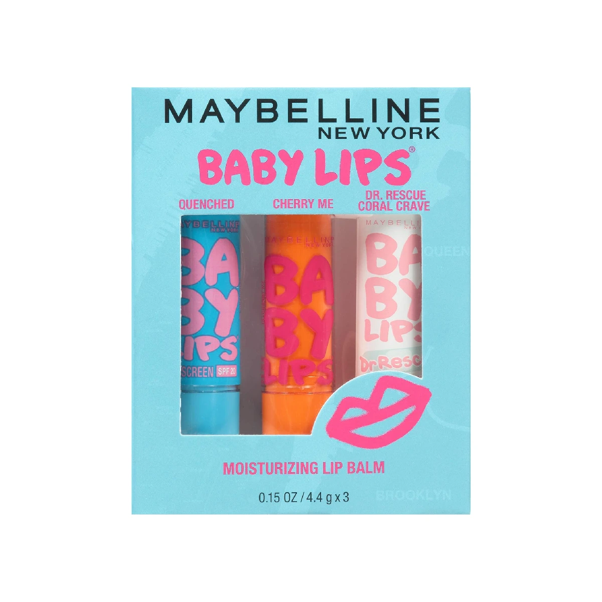 Maybelline New York Baby Lips Moisturizing Lip Balm 3-pack - lip balm trio against a white background.