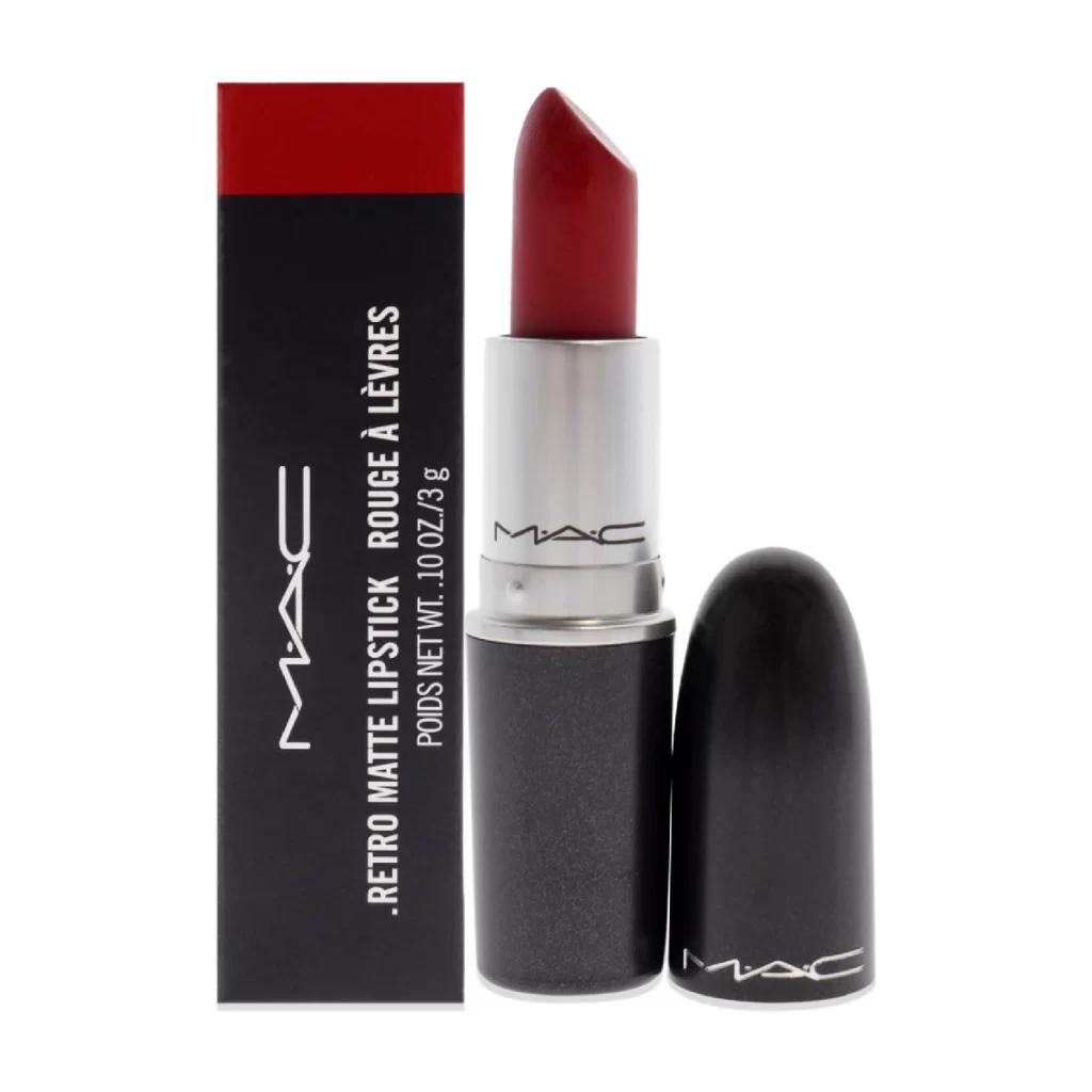 MAC Ruby Woo Lipstick - a classic red lipstick on a white background.