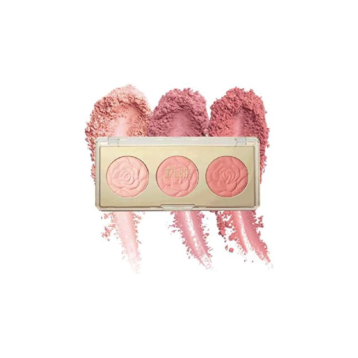 Milani Rose Powder Blush Palette - a blush palette featuring rose-inspired shades on a white background.