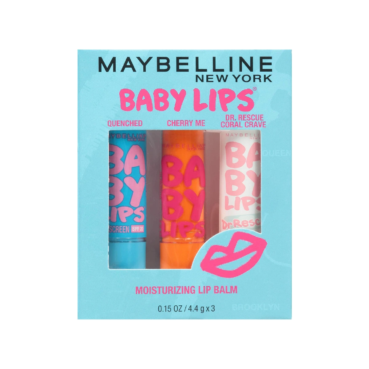 Maybelline New York Baby Lips Moisturizing Lip Balm 3-pack - Lip care essentials on a white background