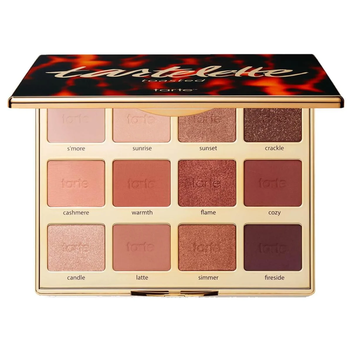 Open Tartelette Toasted Eyeshadow Palette against a white background, showcasing warm shades from creamy beige to deep terracotta.