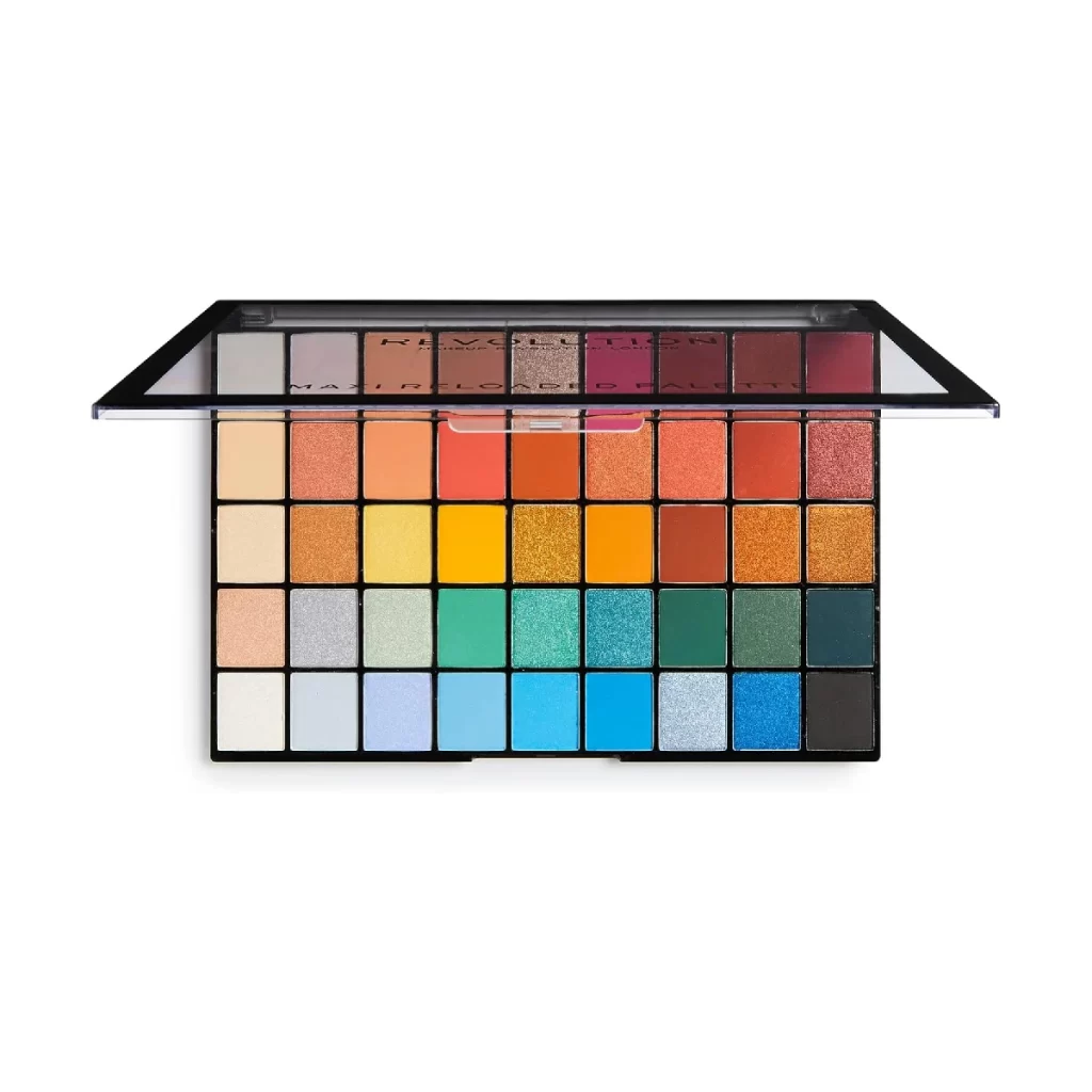 Makeup Revolution Maxi Reloaded Big Shot palette - vibrant eyeshadows on a white background