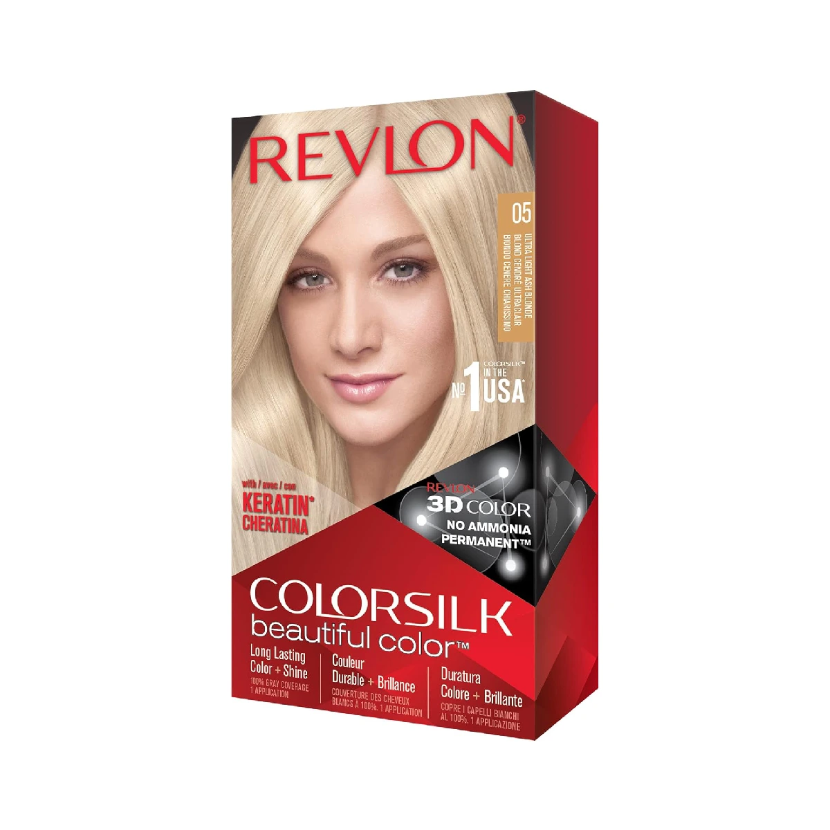 Revlon Colorsilk Haircolor box with color swatch on a white background.