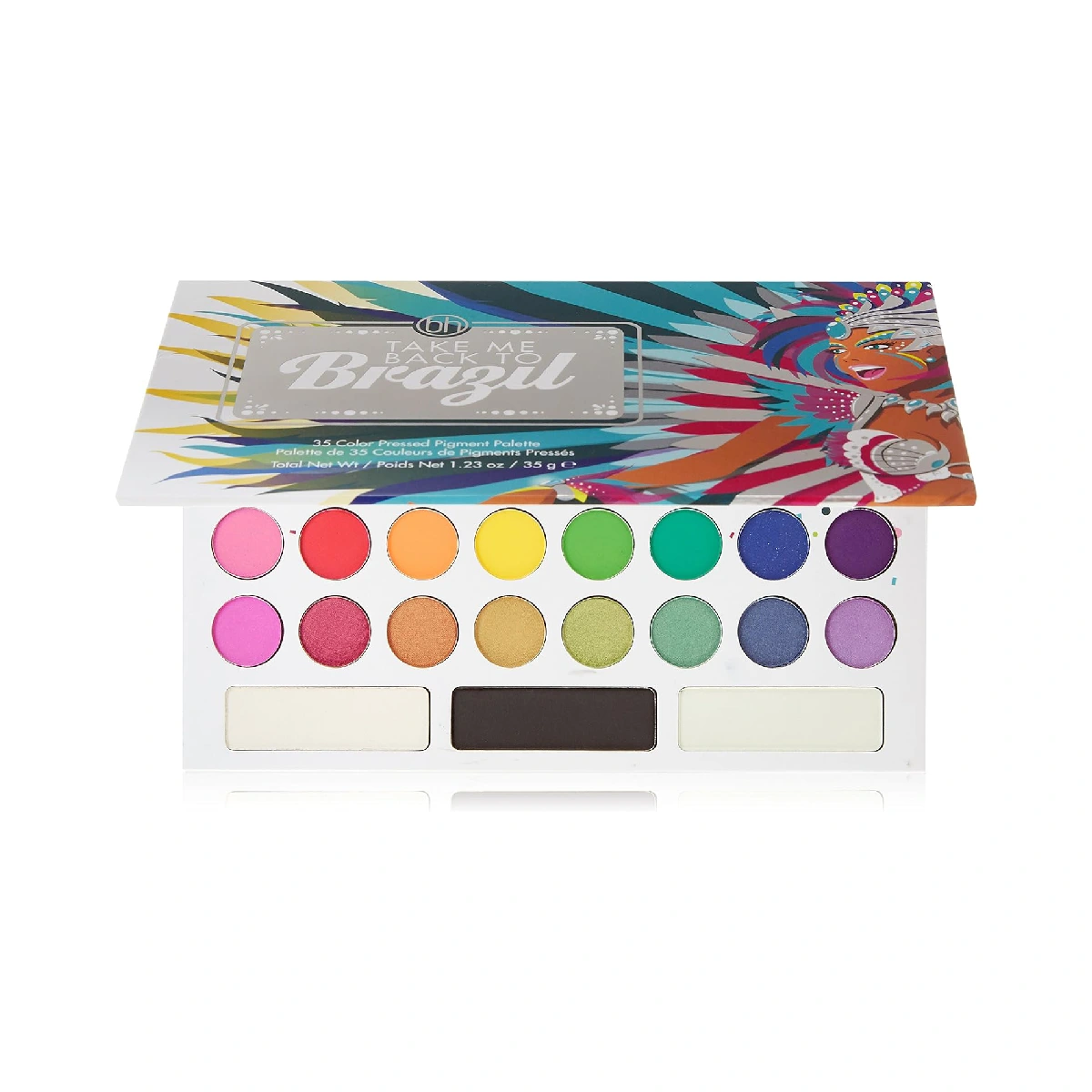 bh Cosmetics 35 Color Eyeshadow Palette - variety of eyeshadows on a white background.