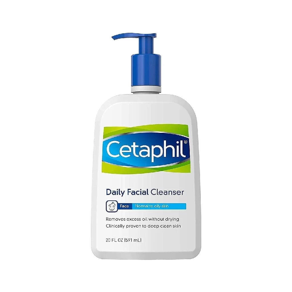 Cetaphil Face Wash Daily Facial Cleanser Bottle on White and Blue Background