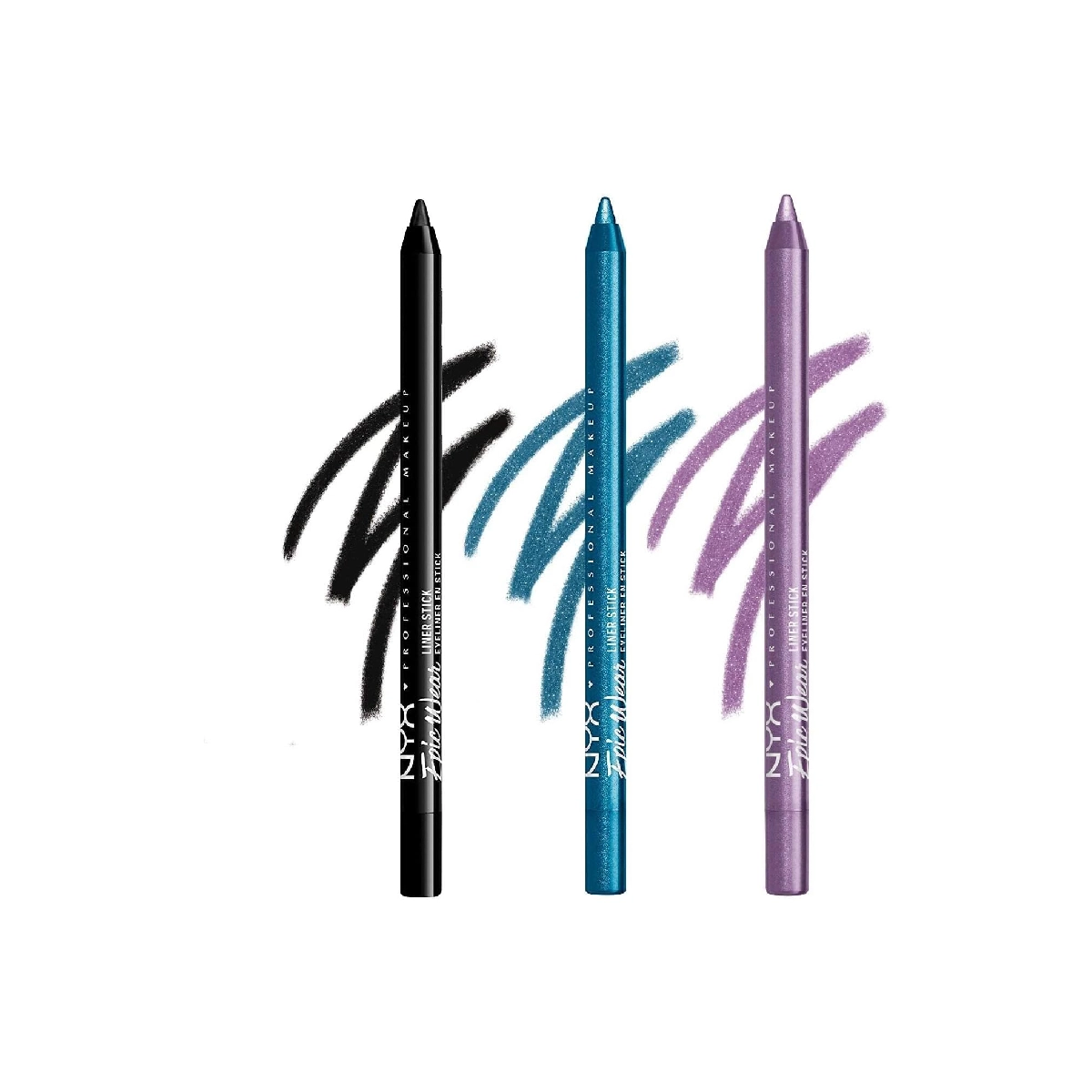NYX Professional Makeup Long-Lasting Eyeliner Pack of 3 - Black, Turquoise, Purple