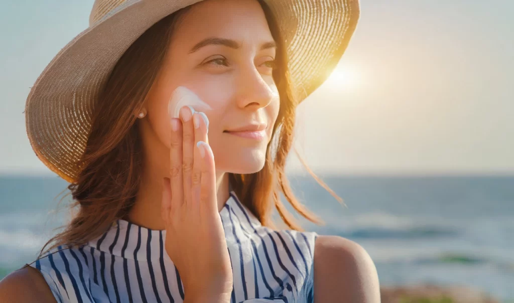 Woman at the beach applying face cream for radiant skin
