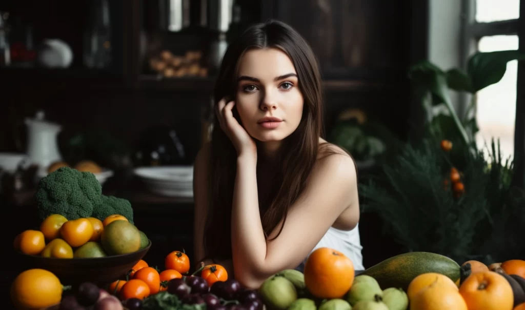 A beautiful woman with even skin tone sits among a colorful array of fruits and vegetables, highlighting the relationship between nutrition and skin health