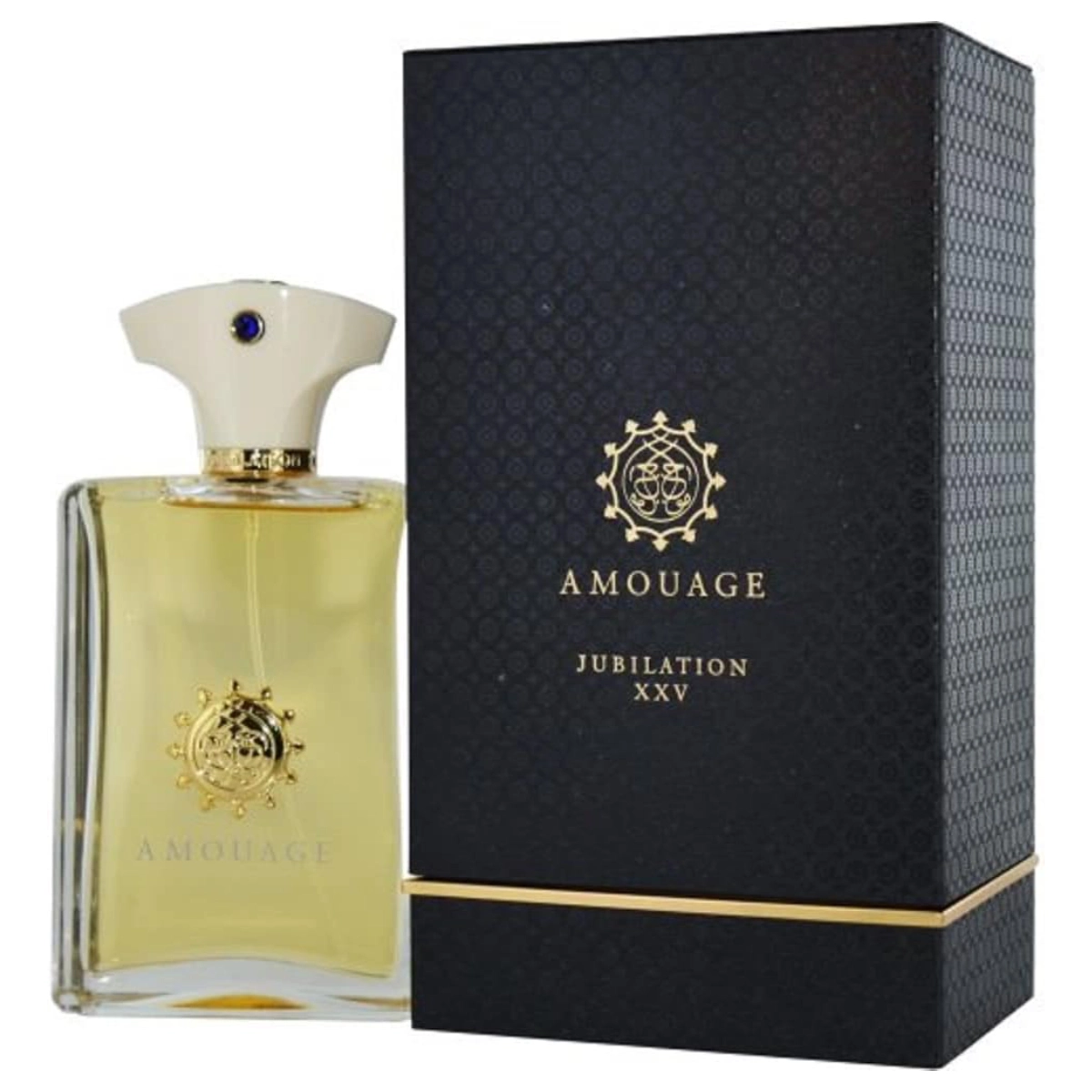 Amouage Jubilation XXV perfume bottle against a pristine white background