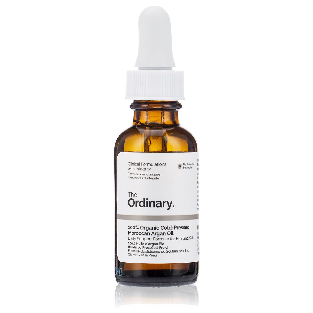 Bottle of The Ordinary 100% Organic Cold-Pressed Moroccan Argan Oil on a white background