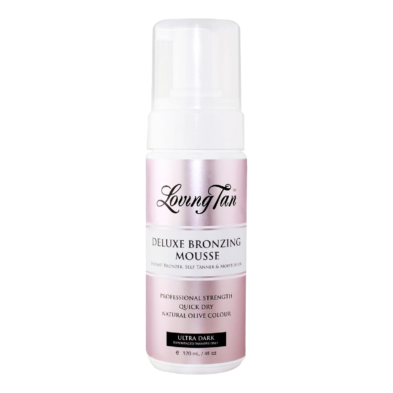 Bottle of Loving Tan Deluxe Bronzing Mousse displayed on a pure white background.
