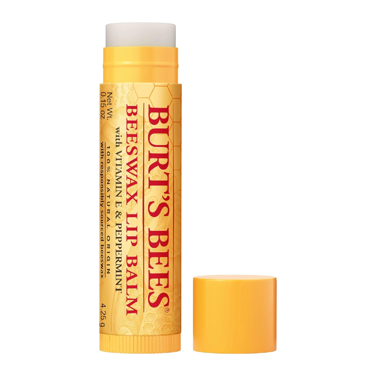 Burt's Bees Beeswax Lip Balm tube on a white background