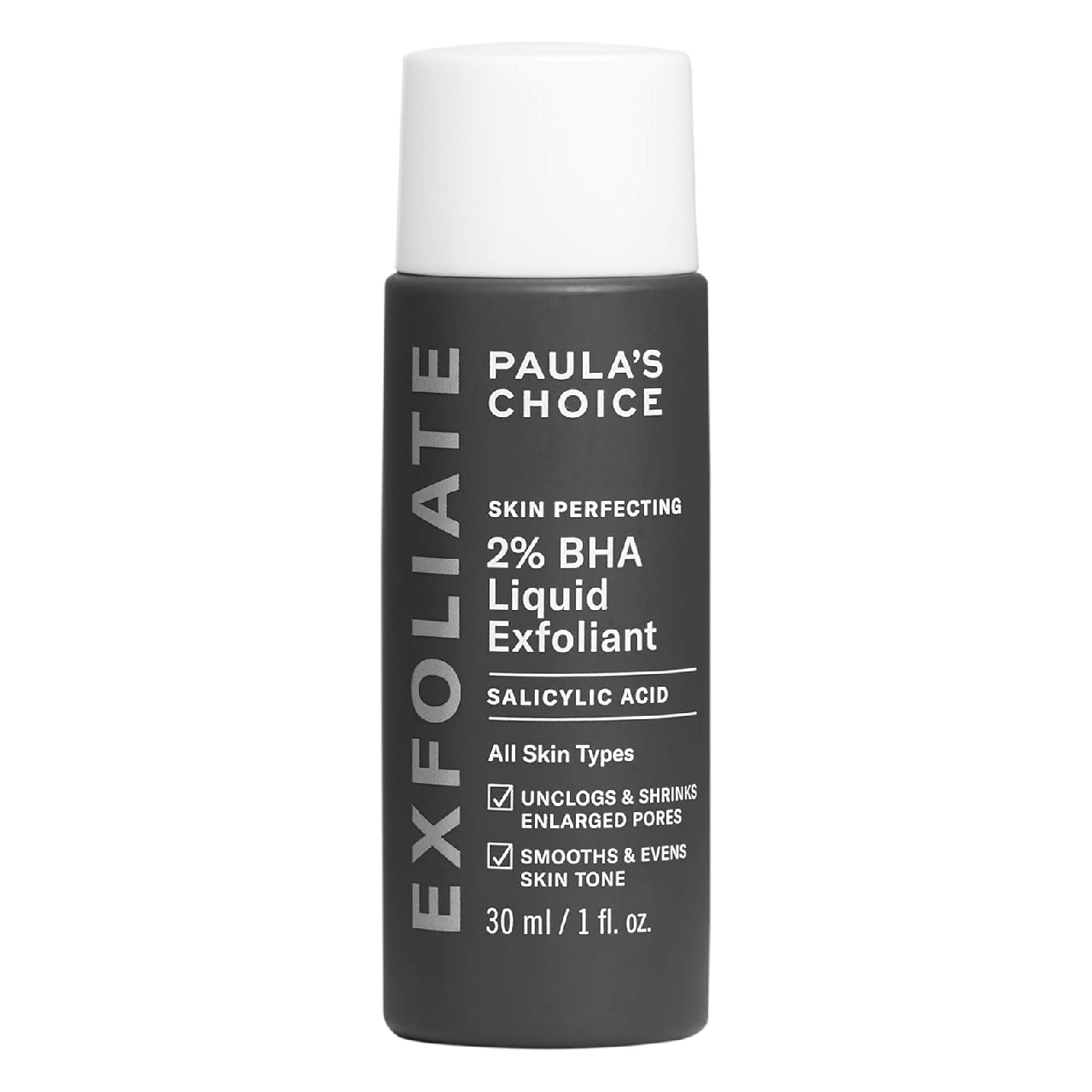Bottle of Paula’s Choice Skin Perfecting 2% BHA Liquid Exfoliant on a white background.