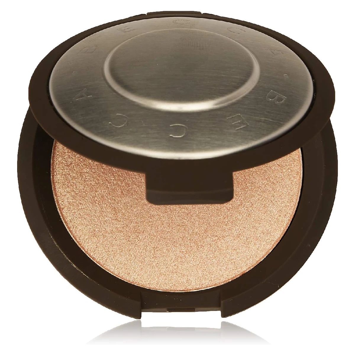 BECCA Shimmering Skin Perfector Pressed Highlighter compact open against a white background, showing the shimmering powder.