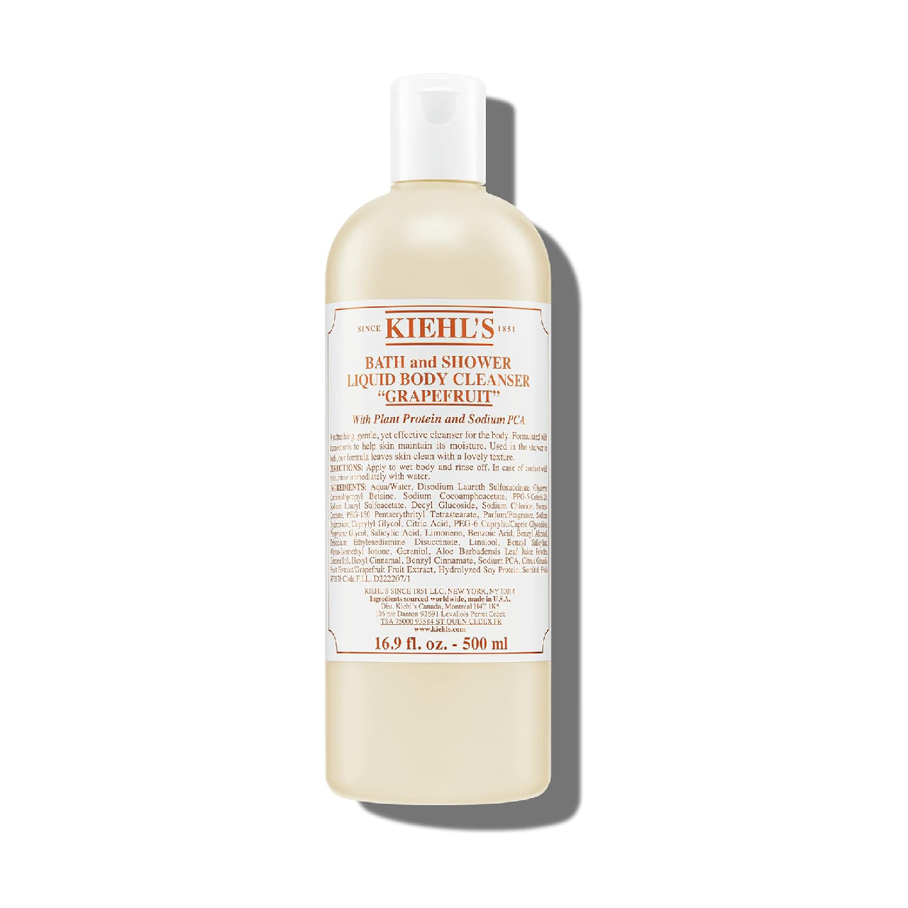 A bottle of Kiehl's Bath and Shower Liquid Body Cleanser with refreshing grapefruit and coriander.