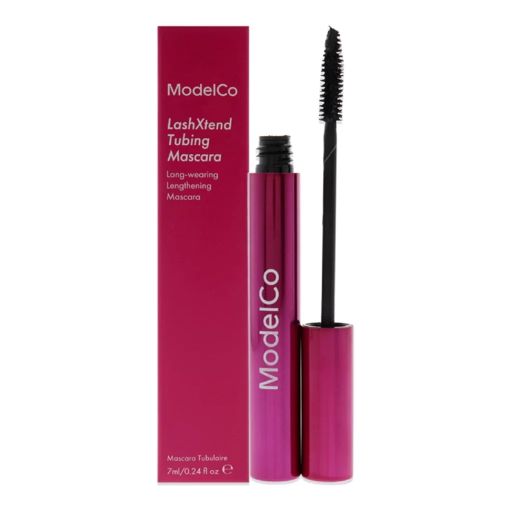 Close-up image of ModelCo Lashxtend Tubing Mascara, emphasizing the sleek black tube design.