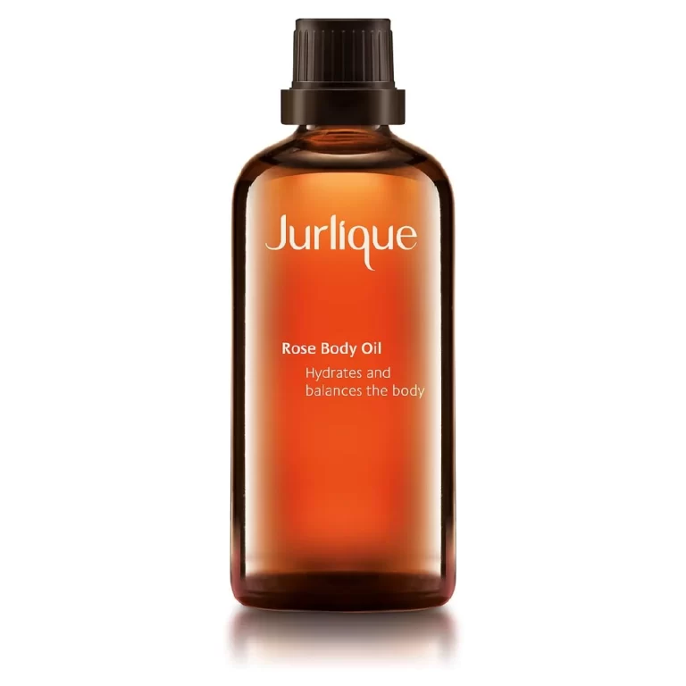 Bottle of Jurlique Rose Body Oil against a pristine white background