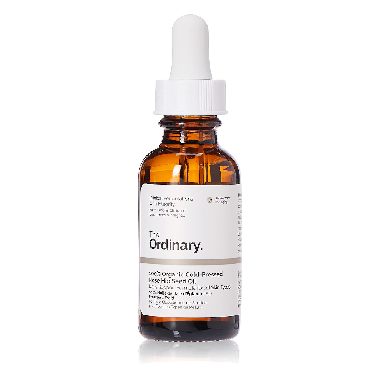 Bottle of The Ordinary 100Percent Organic Cold-Pressed Rose Hip Seed Oil on a clean background