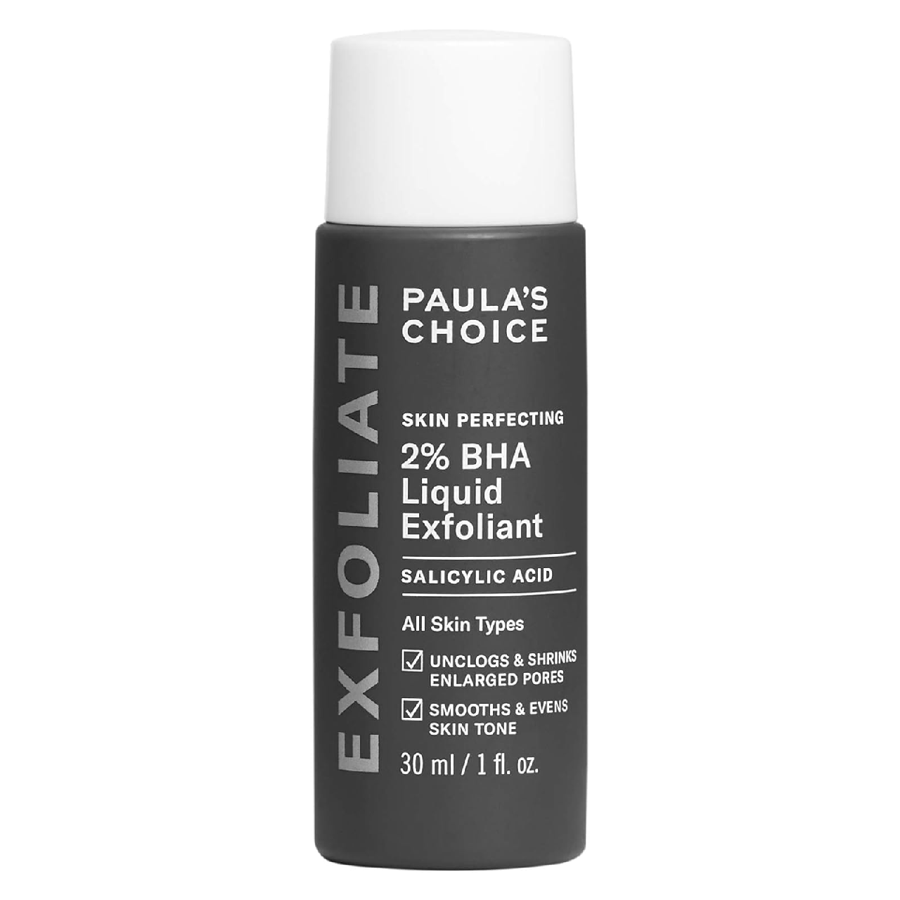 Bottle of Paula's Choice Skin Perfecting 2% BHA Liquid Exfoliant on a white background.