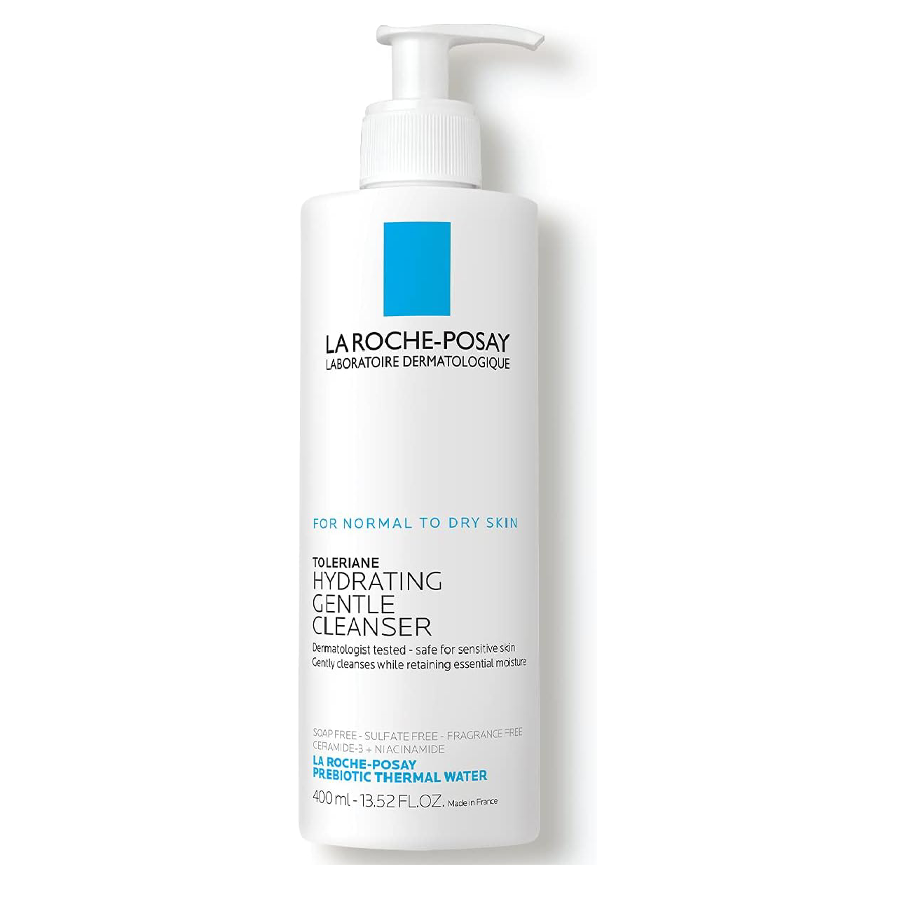 Bottle of La Roche-Posay Toleriane Hydrating Gentle Cleanser on a white background.