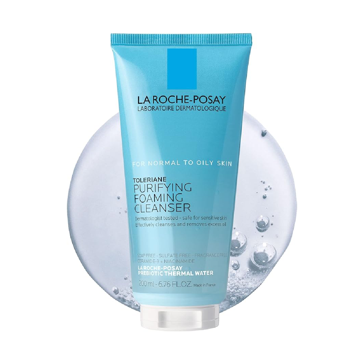 Bottle of La Roche-Posay Toleriane Purifying Foaming Cleanser on a white background.