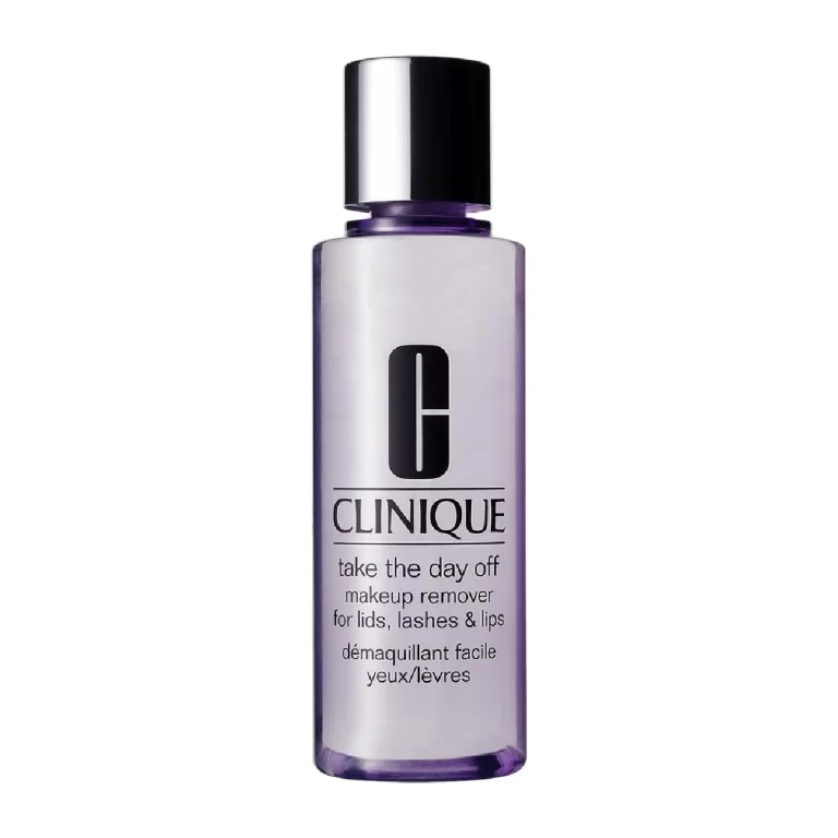 Bottle of Clinique Take The Day Off Makeup Remover on a white background