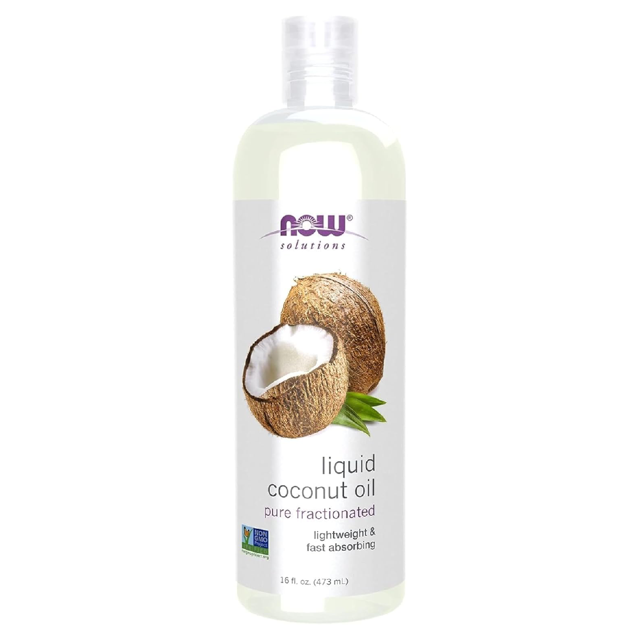 Bottle of Now Solutions Liquid Coconut Oil on a white background