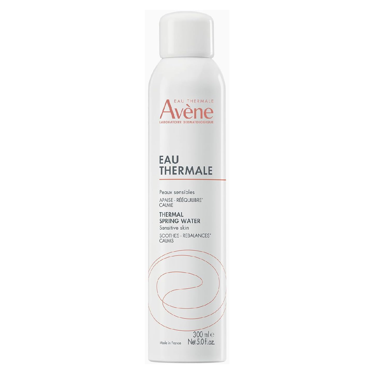 Avene Thermal Spring Water mist bottle in white with orange accents against a white background