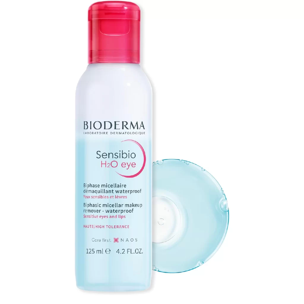 Bottle of Bioderma Sensibio H2O Eye biphasic micellar water against a white background.