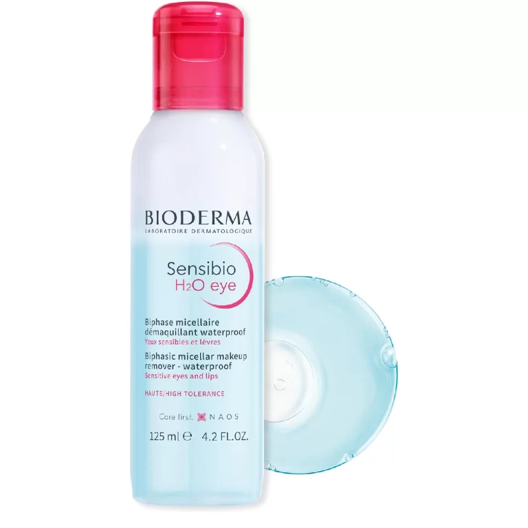 Bottle of Bioderma Sensibio H2O Eye biphasic micellar water against a white background.