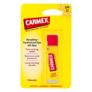 Carmex Classic Lip Balm Stick SPF 15 displayed on a pure white background