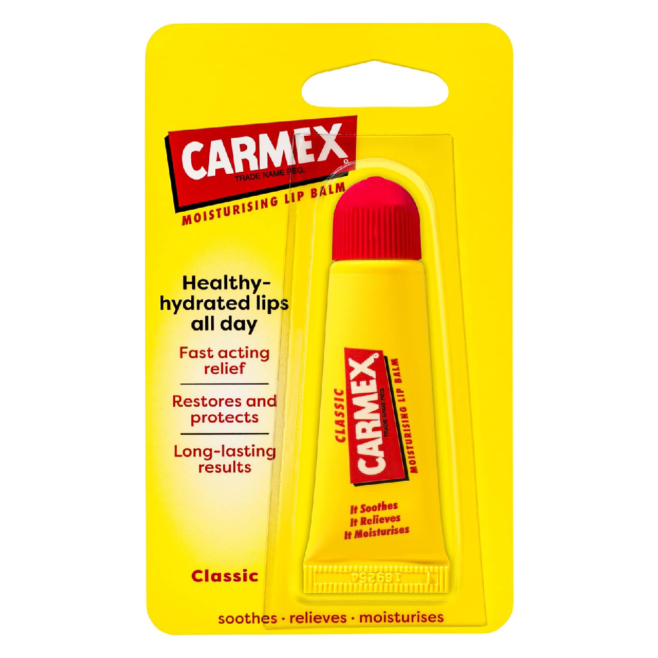 Yellow and red container of Carmex Classic Lip Balm displayed on a white background