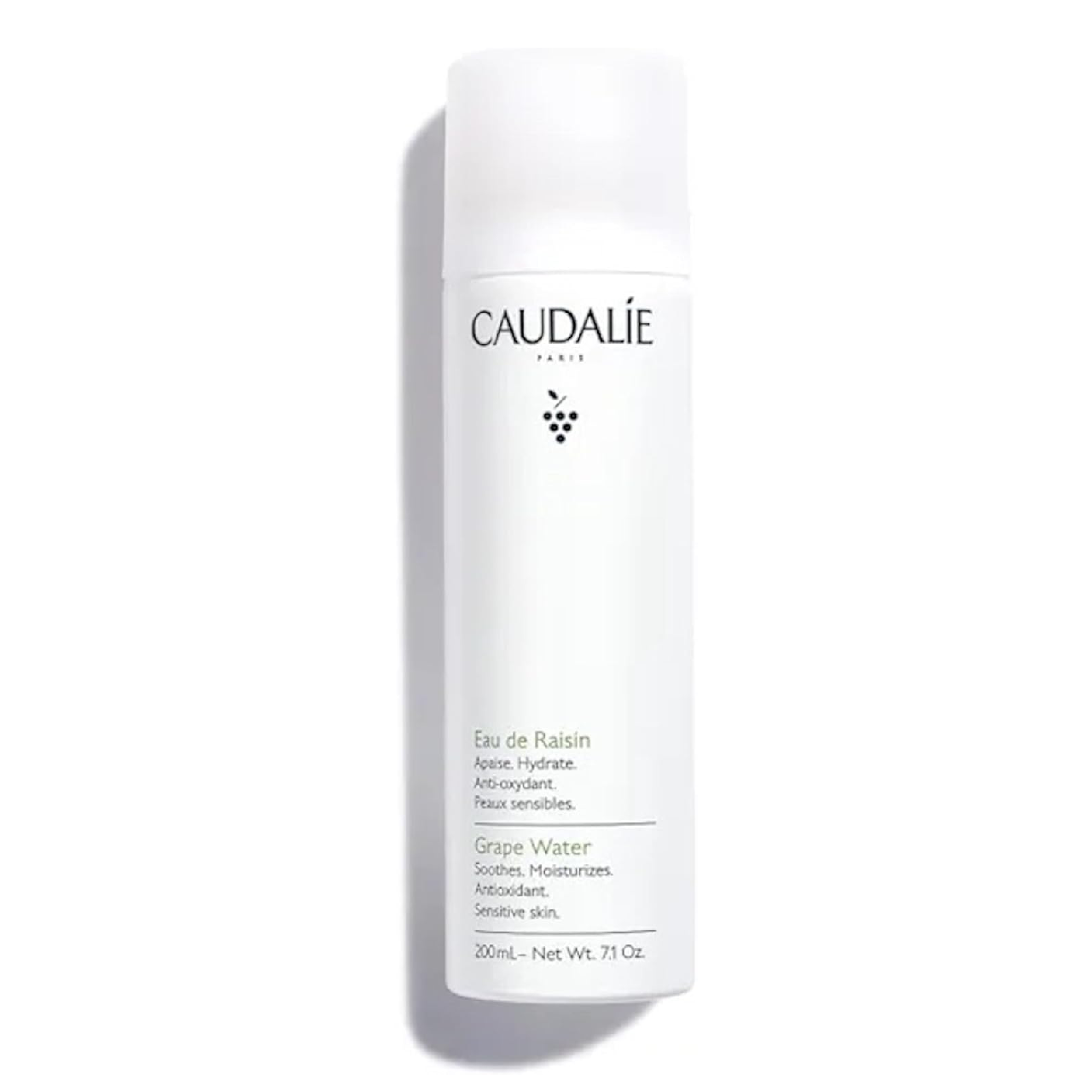 Caudalie Grape Water facial mist in a clear bottle against a white background