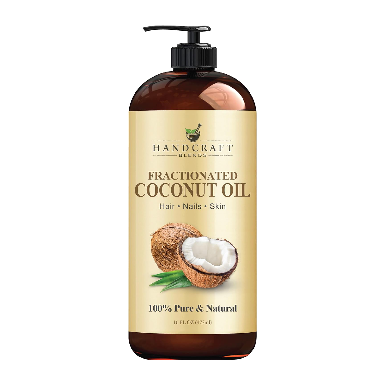 Clear bottle of Handcraft Blends Fractionated Coconut Oil isolated on white