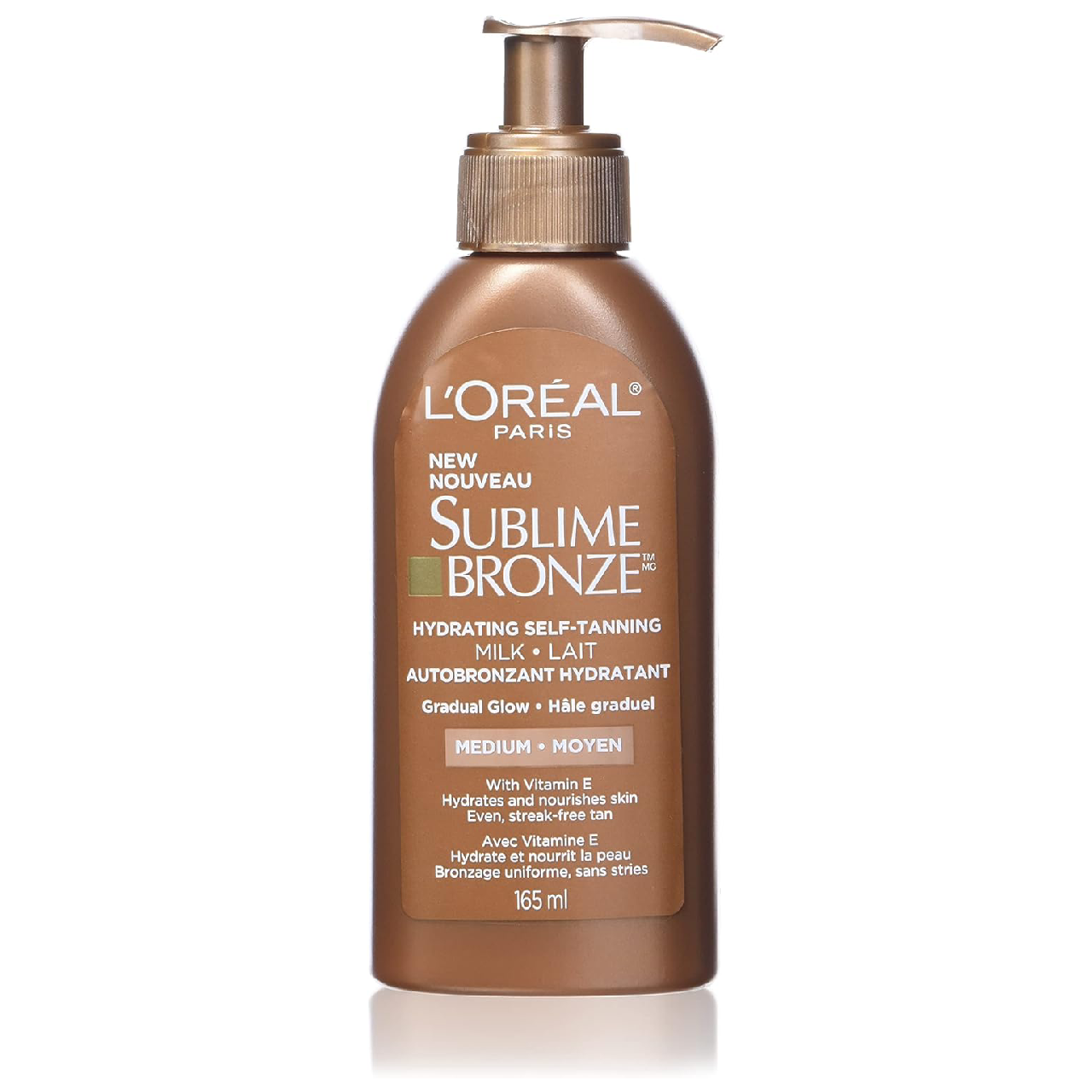 Bottle of L’Oréal Paris Sublime Bronze Hydrating Self-Tanning Milk positioned on a white background.