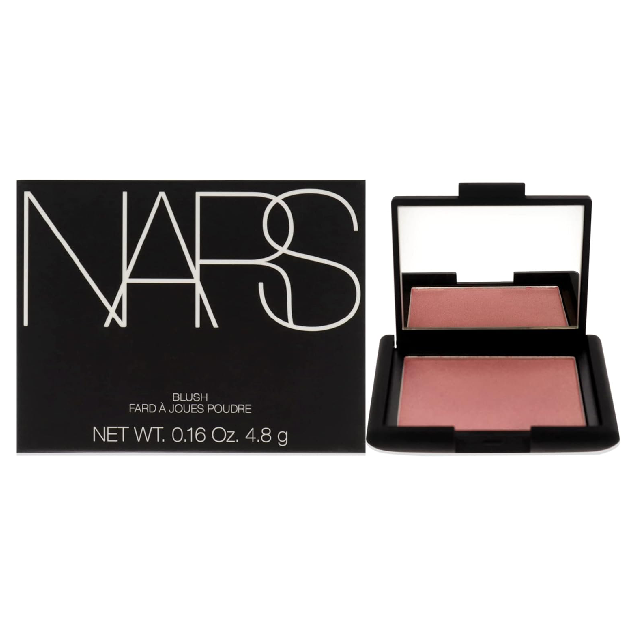 NARS Orgasm blush compact open on a white background showcasing the peachy-pink shade with golden shimmer.