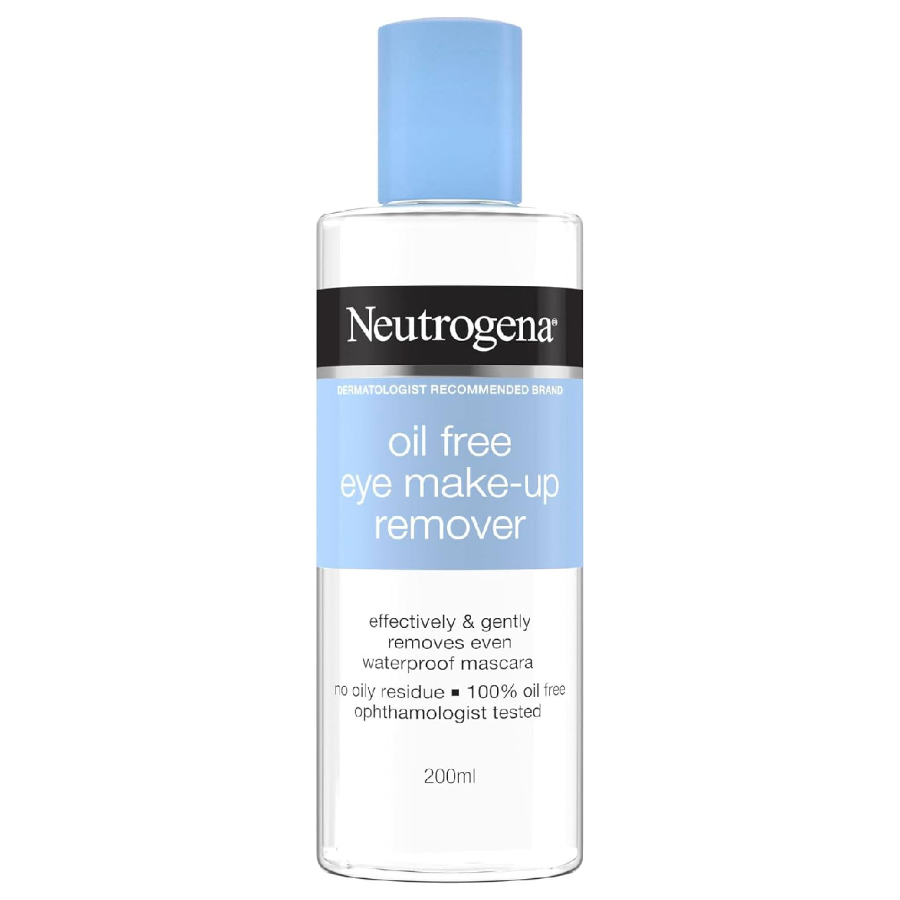 Neutrogena Oil-Free Eye Makeup Remover bottle displayed against a white background.