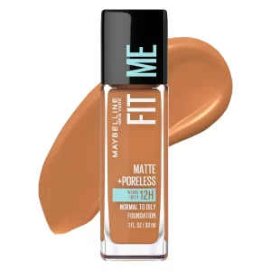 Maybelline New York Fit Me Matte & Poreless Liquid Foundation in its sleek bottle against a white background