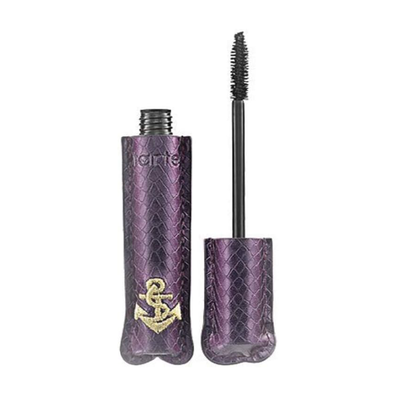 Tarte Lights, Camera, Splashes Waterproof Mascara in its sleek purple tube against a white background