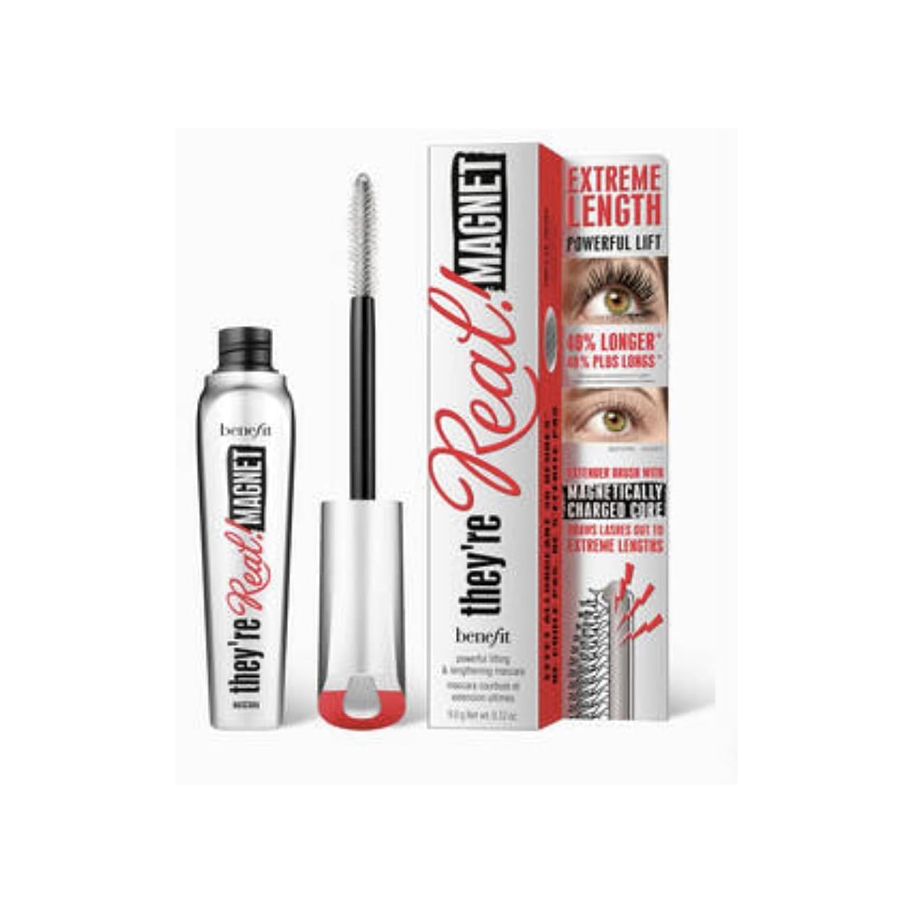 Benefit They’re Real! Lengthening Mascara with its sleek black packaging against a white background