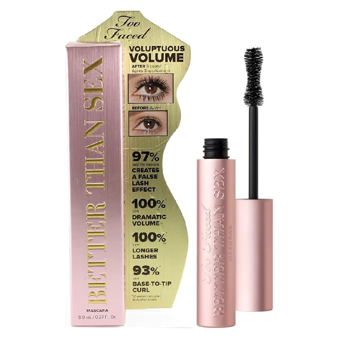 Too Faced Better Than Sex Mascara in its pink tube packaging against a white background