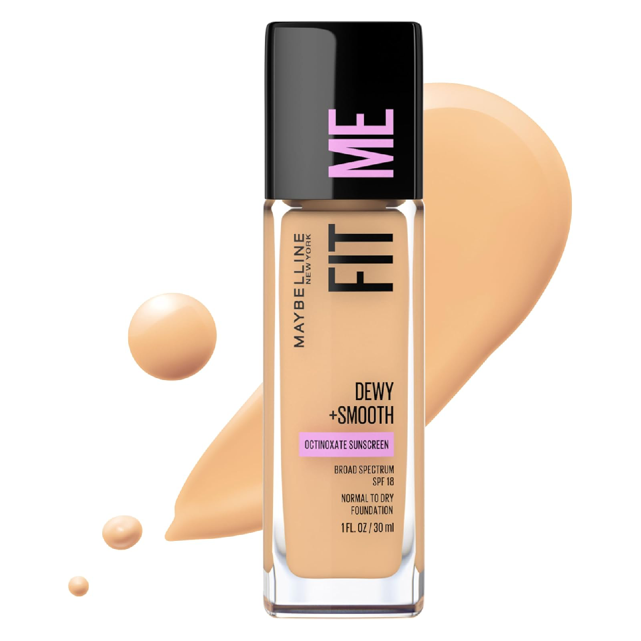 Bottle of Maybelline Fit Me Dewy + Smooth Foundation against a white background