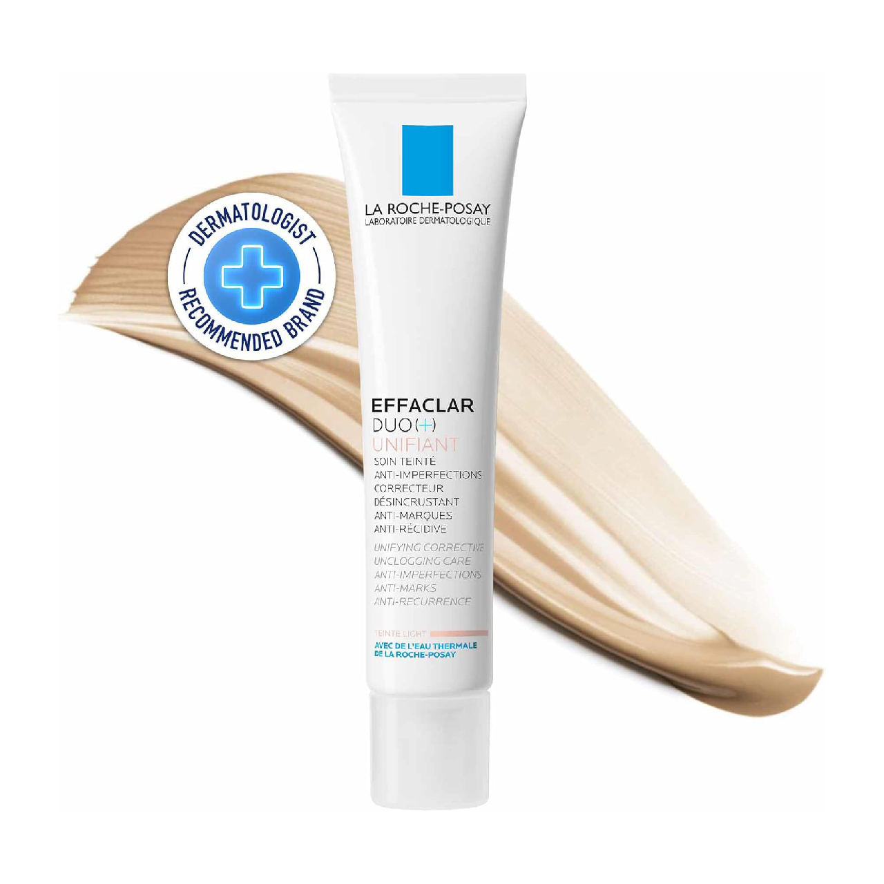 Bottle of La Roche-Posay Effaclar Duo+ Unifiant Light Tinted Moisturiser on a white background