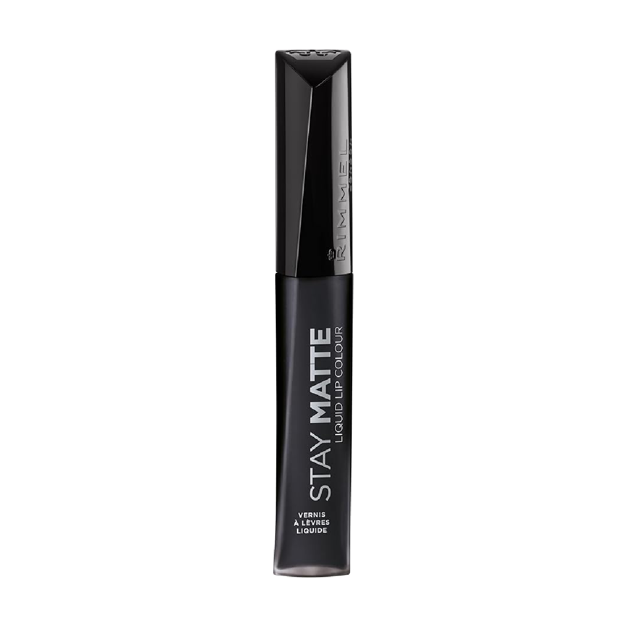 Rimmel Stay Matte Lip Liquid in Pitch Black against a white background