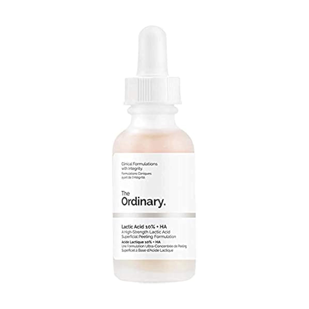 A bottle of The Ordinary Lactic Acid 10% + HA against a clean white background.