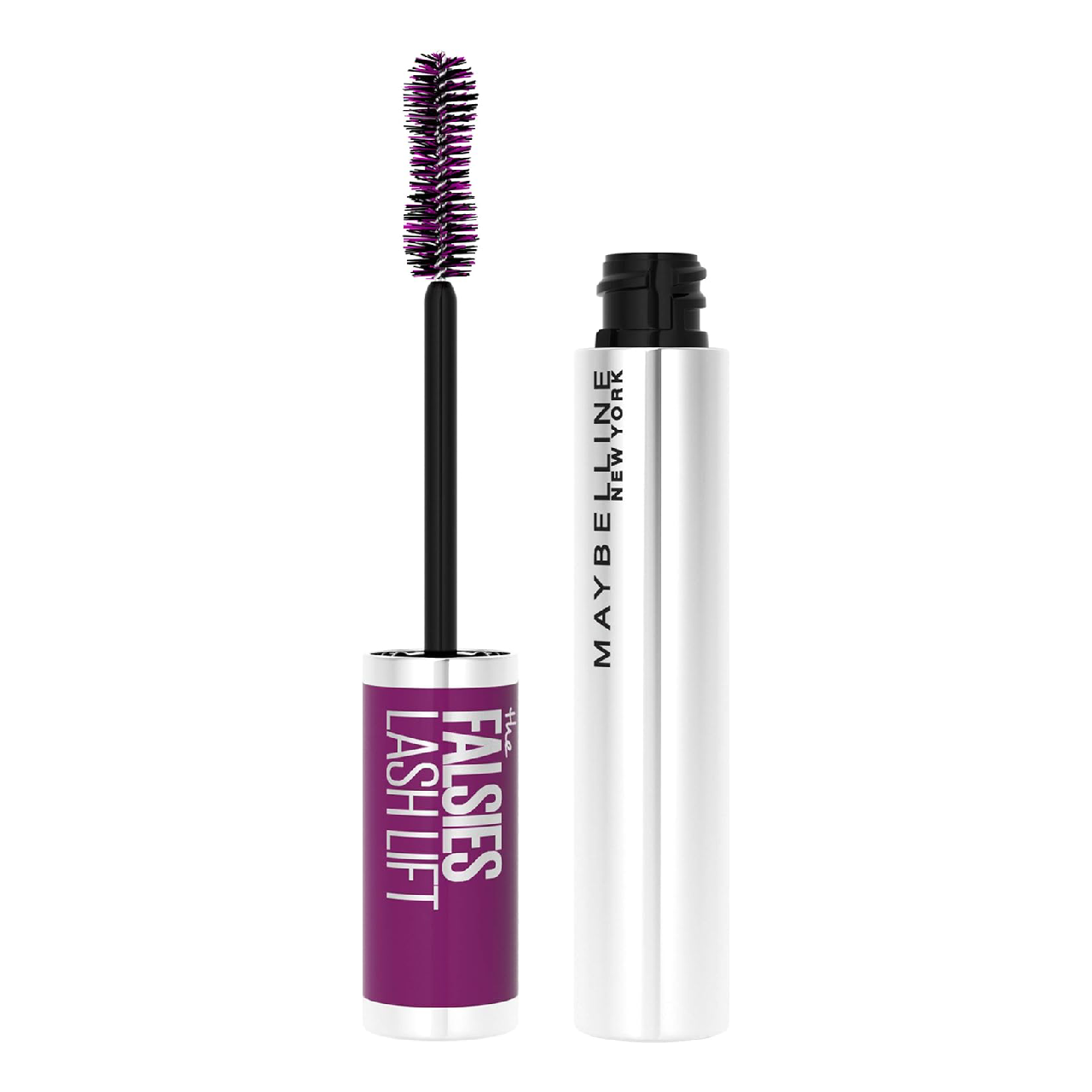 Maybelline The Falsies Lash Lift Mascara with double-curved brush in sleek black and purple packaging against a white background.