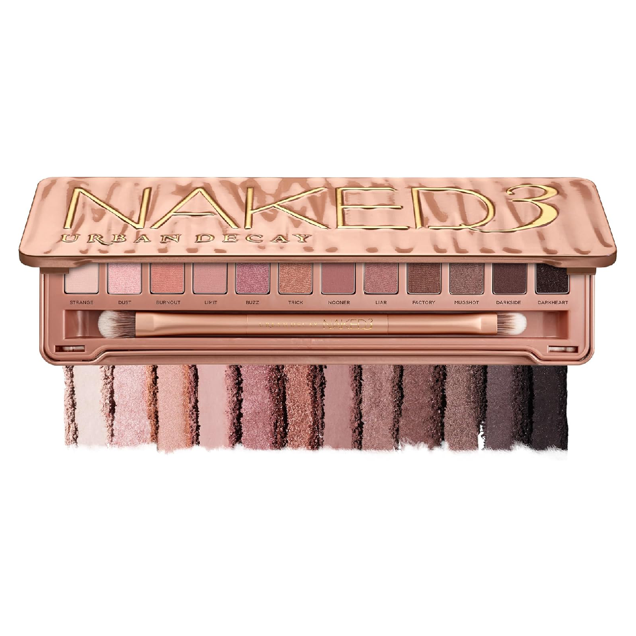 Urban Decay Naked 3 Eyeshadow Palette with 12 rose-hued neutral shades in sleek rose-gold packaging against a white background